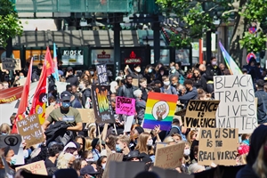 Image of a protest with many social justice signs showing